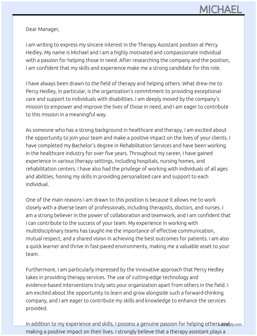 Therapy Assistant  At Percey hedley Cover Letter