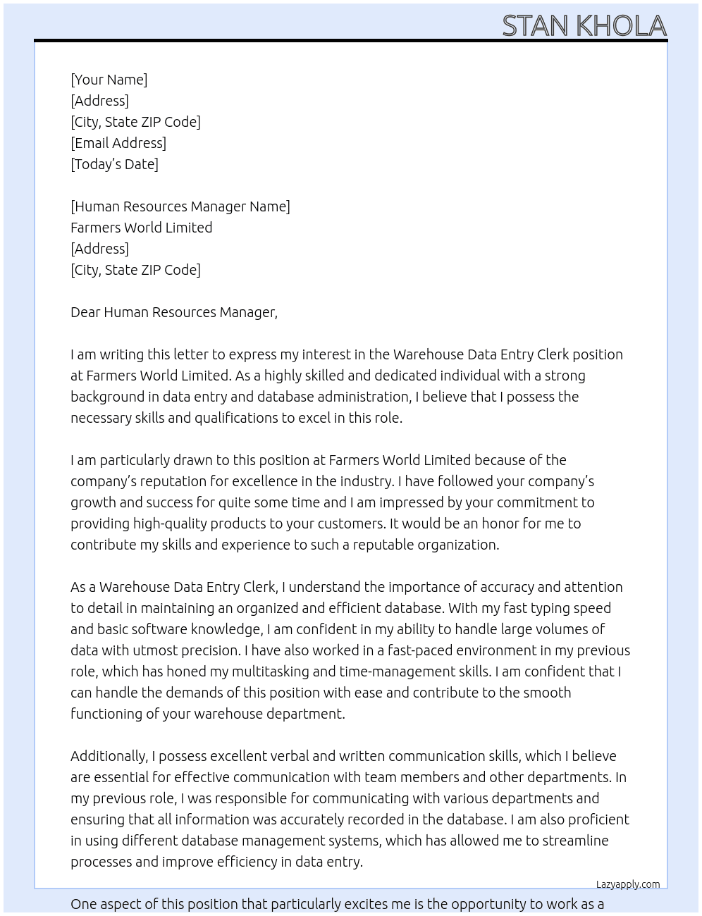 Warehouse Data Entry Clerk At Farmers World Limited Cover Letter
