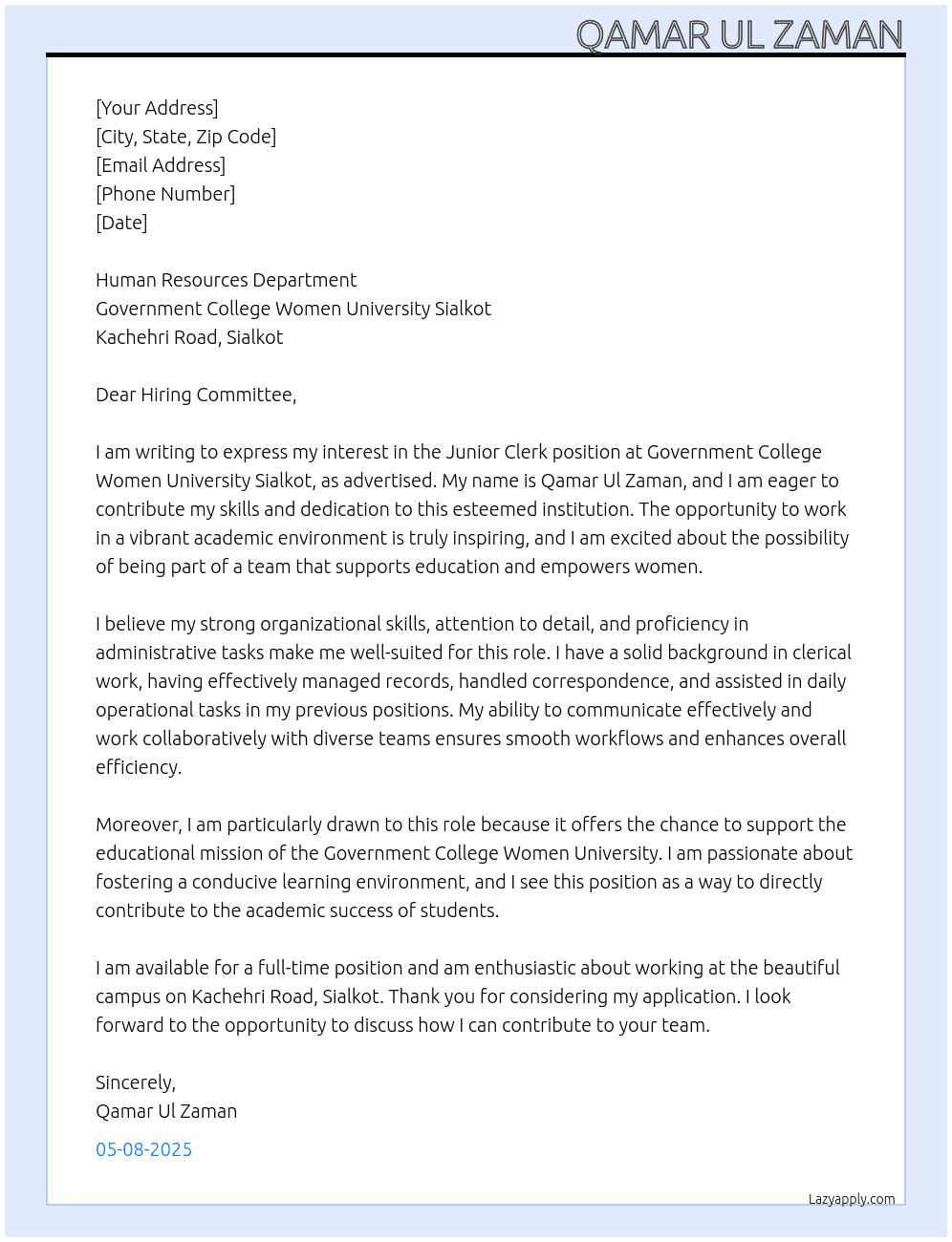 Junior Clerk At Government  Cover Letter