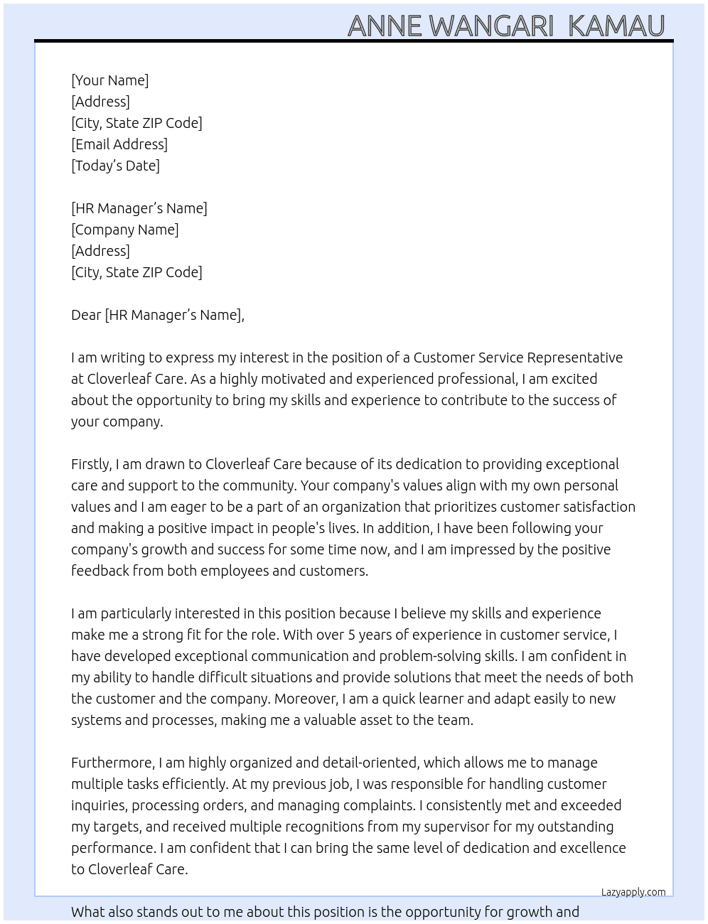 customer service representative At Cloverleaf care Cover Letter