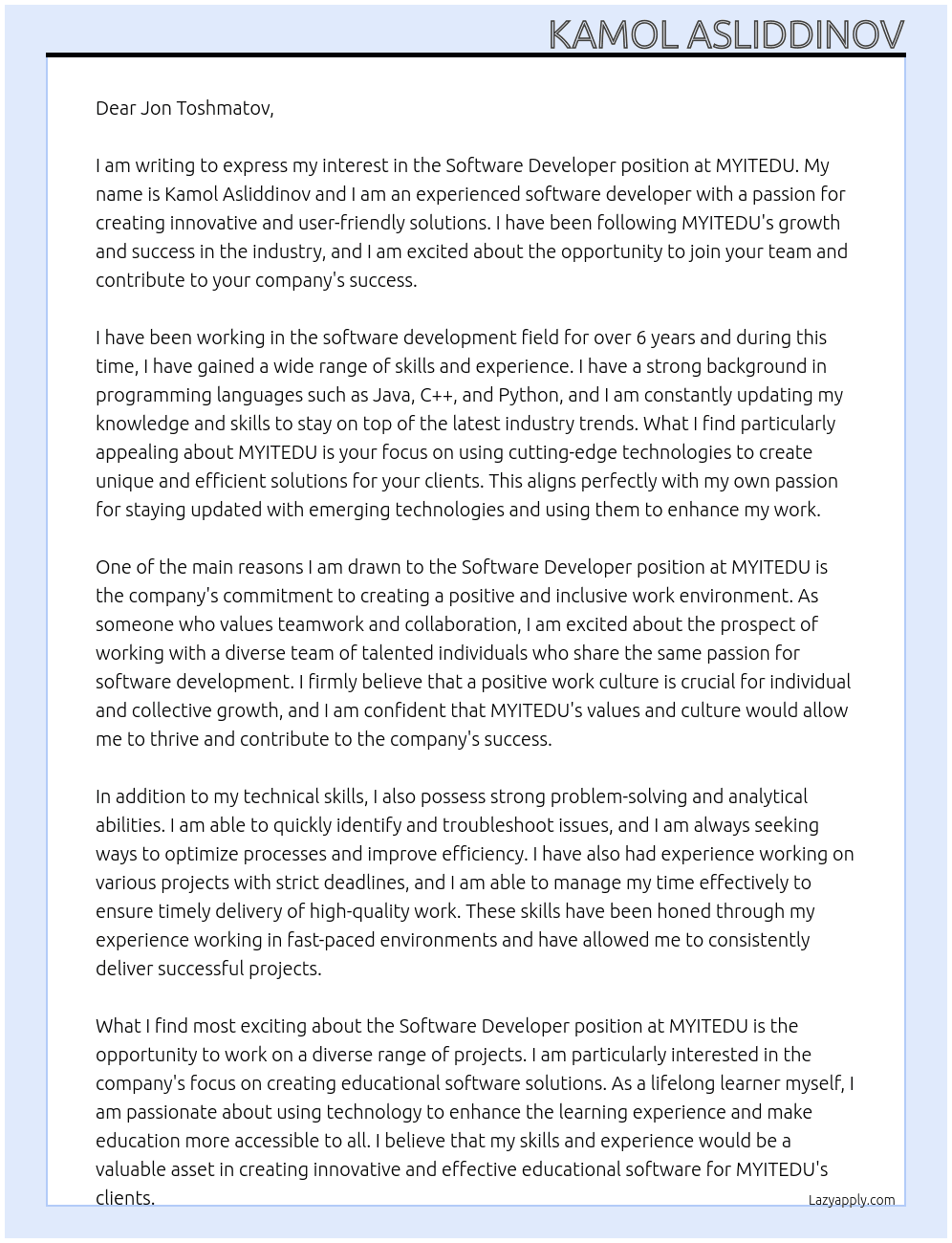 Software Developer At MYITEDU Cover Letter