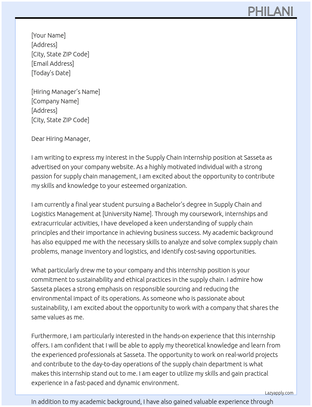 Supply chain internship  At Sasseta Cover Letter