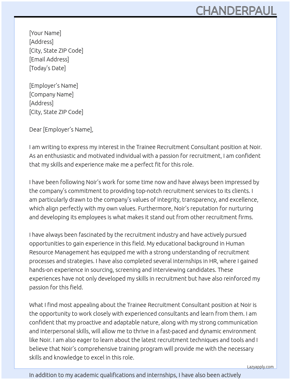 Trainee Recruitment Consultant At Noir Cover Letter