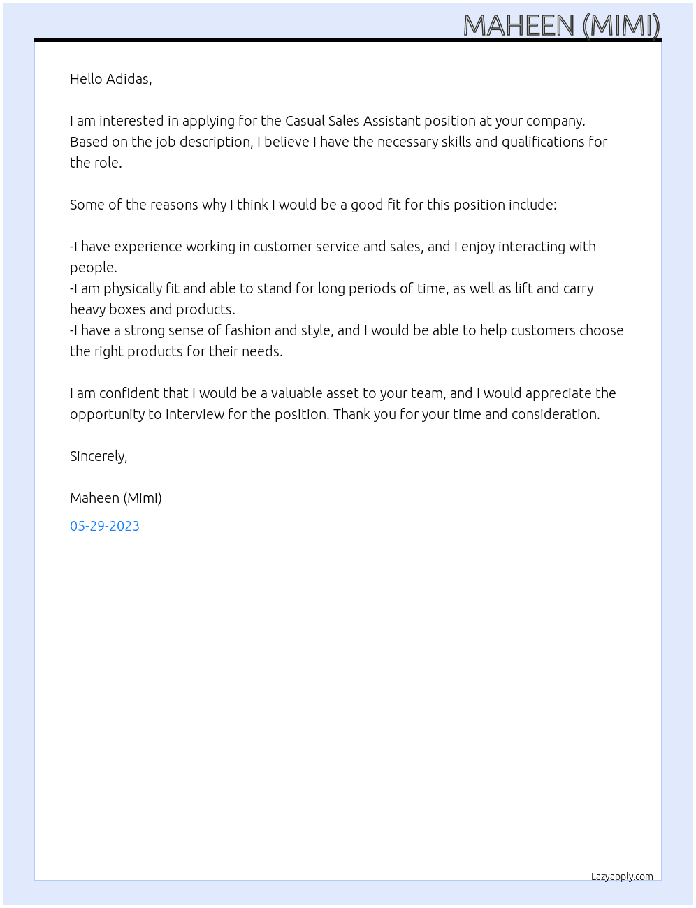 Casual Sales Assistant At Adidas Cover Letter