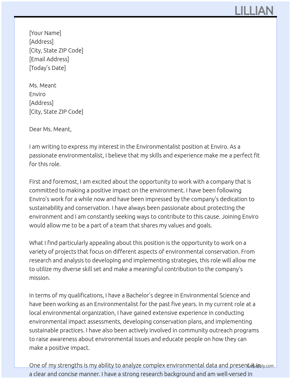 Environmentalist At Enviro Cover Letter