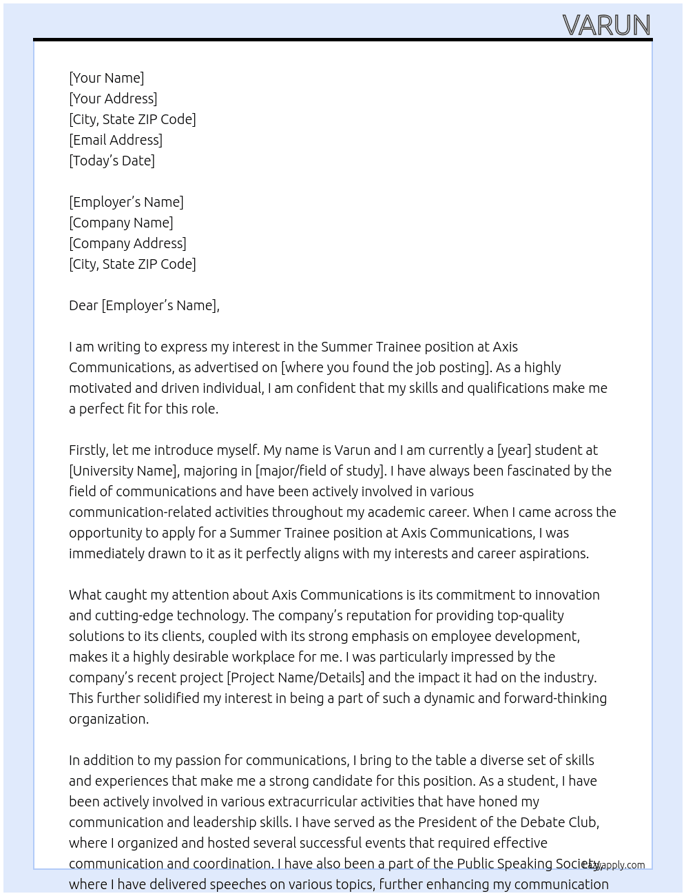 Summer Trainee At Axis Communications Cover Letter