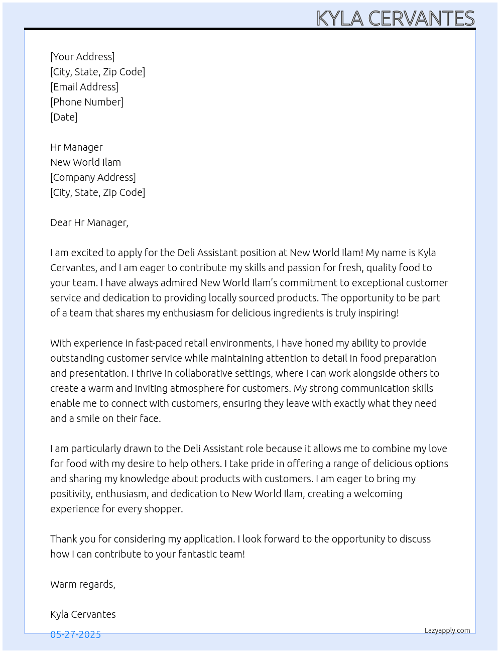 Deli Assistant At New World Ilam Cover Letter