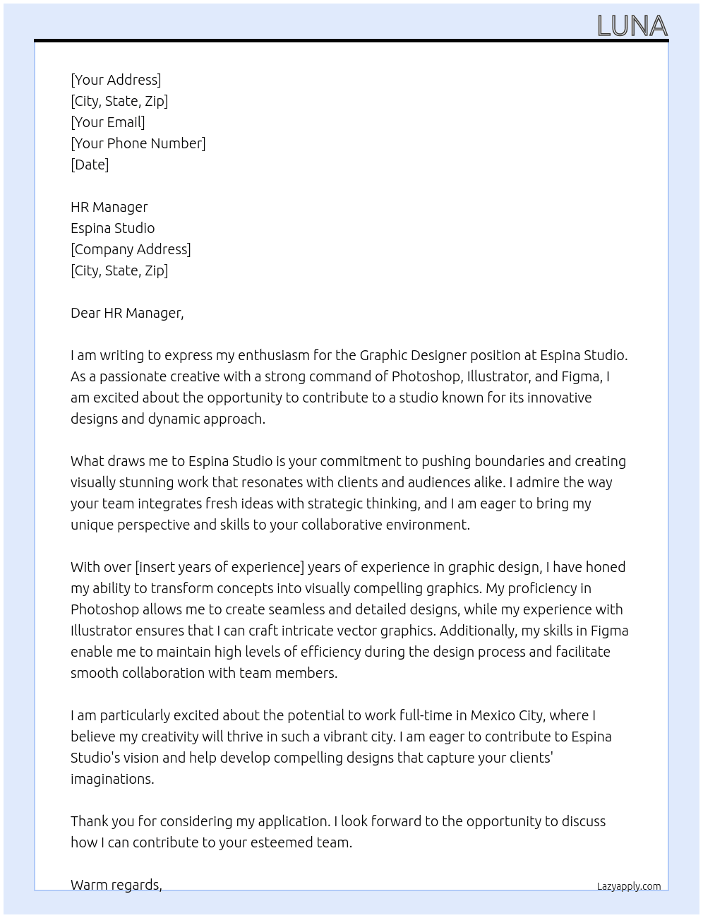 Graphic Designer At Espina Studio Cover Letter