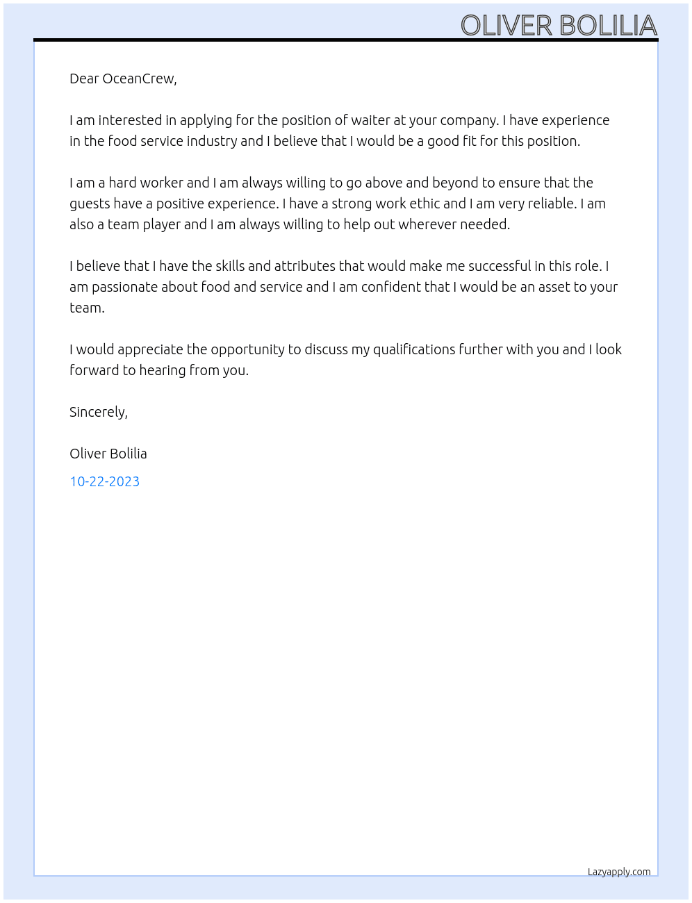 Waiter At OceanCrew Cover Letter