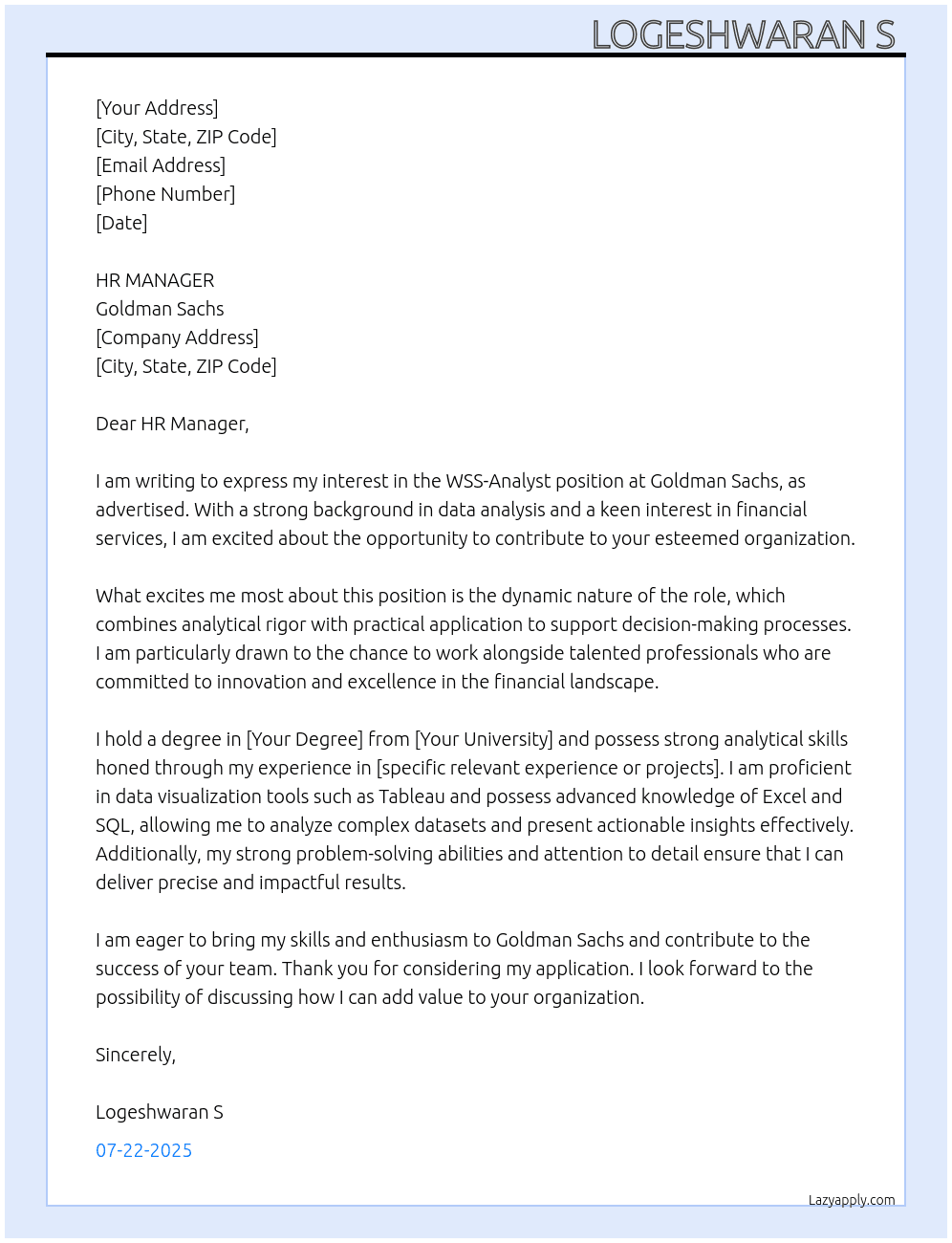 Cover letter for wss- analyst - LazyApply