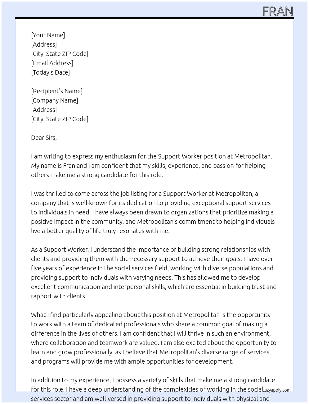 Support Worker At Metropolitan Cover Letter