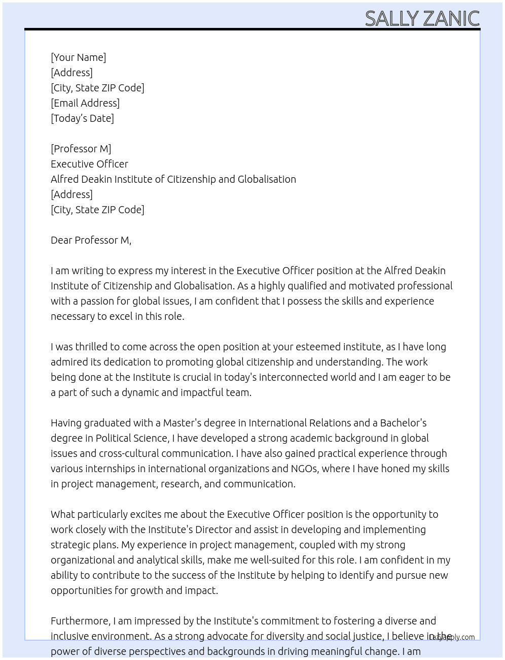 Executive Officer At Alfred Deakin Institute of Citizenship and Globalistion Cover Letter