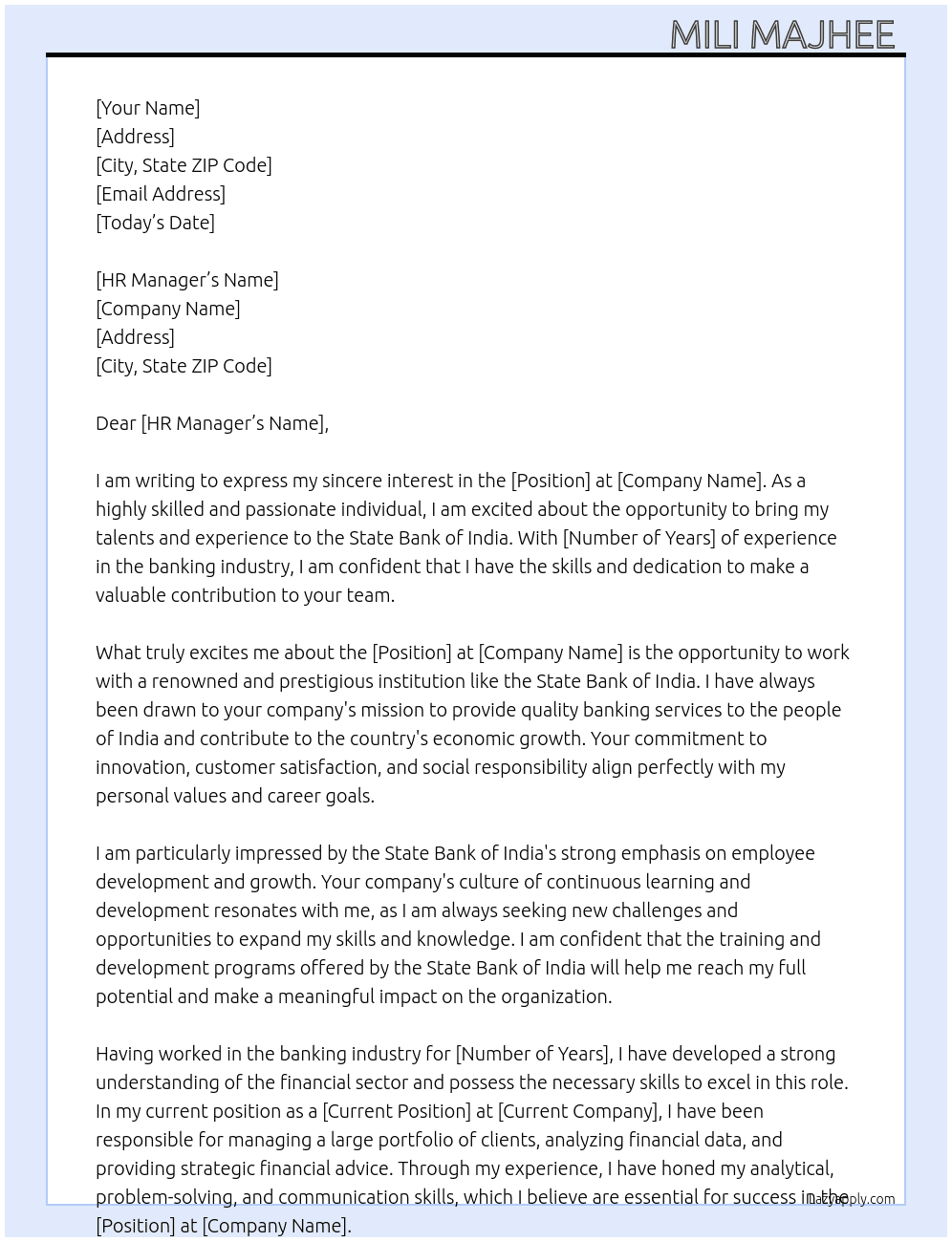 State Bank of India job At State Bank of India  Cover Letter