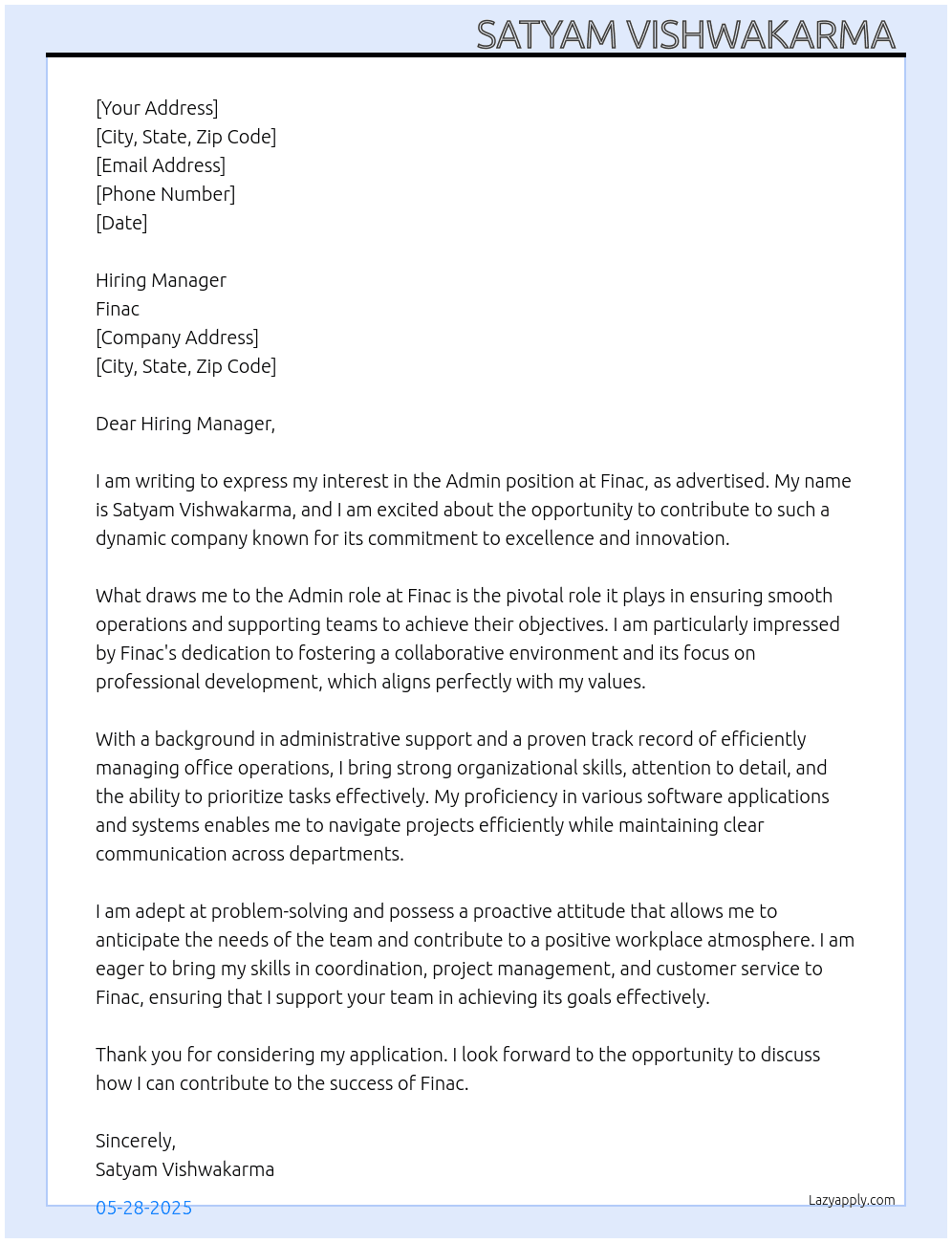 Admin  At Finac  Cover Letter