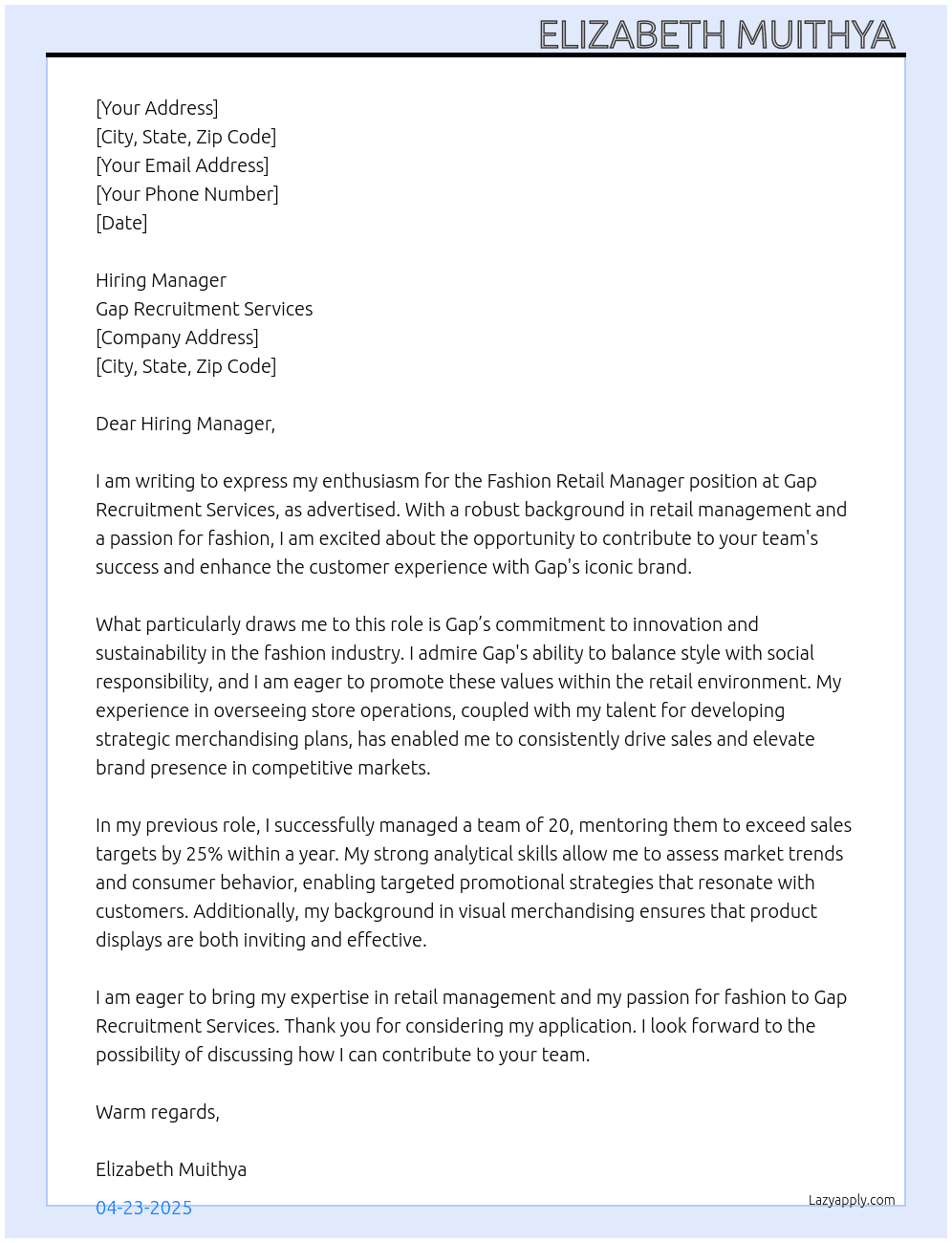 Fashion Retail manager At Gap recruitment services Cover Letter
