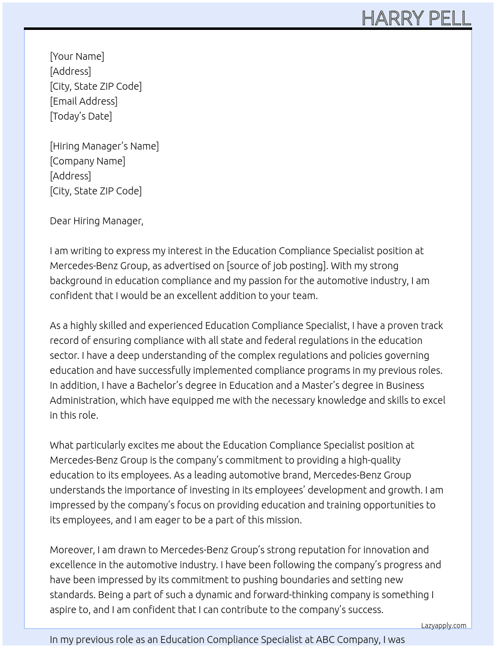 Education Compliance Specialist At Mercedes-Benz Group Cover Letter