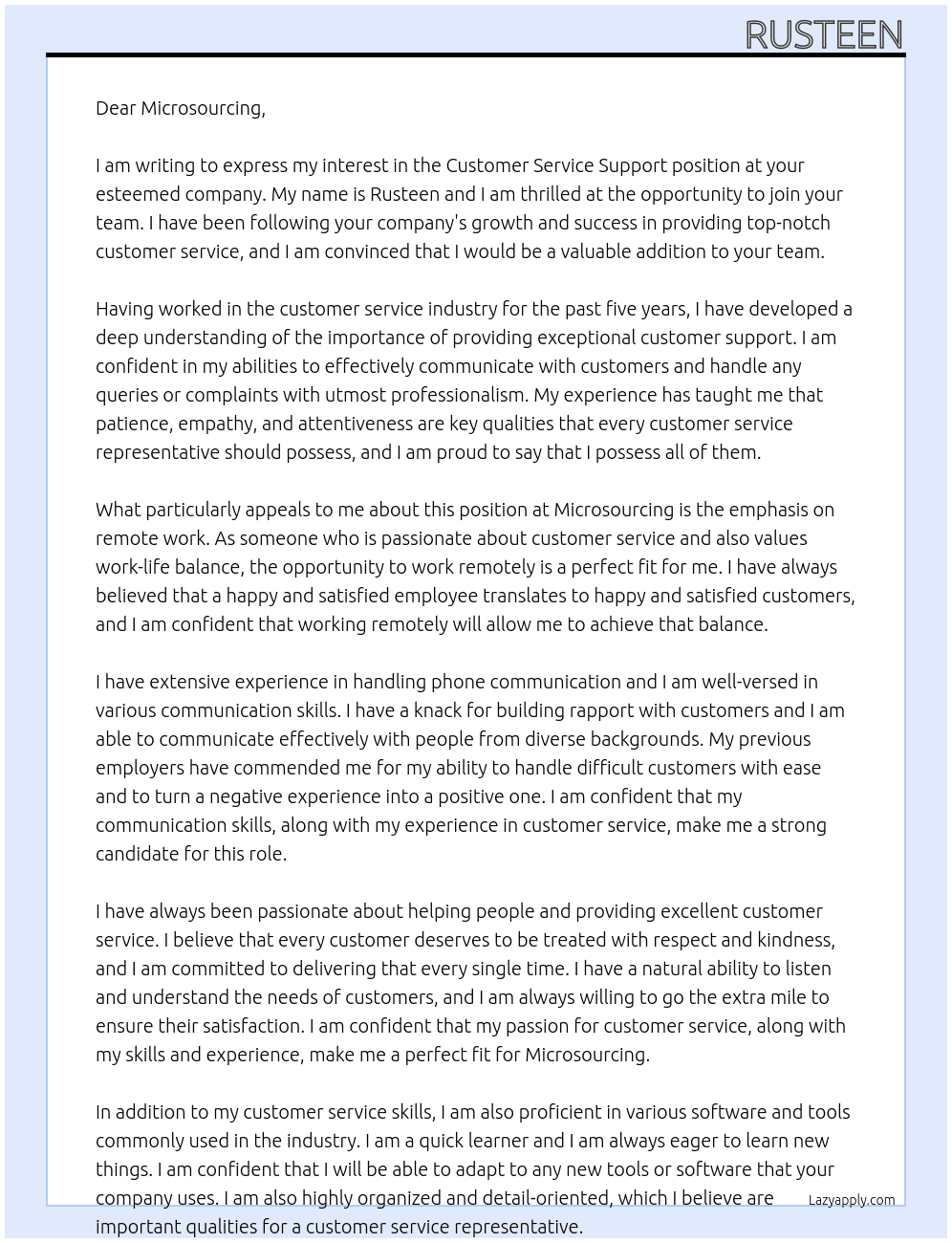 Customer Service Support At Microsourcing Cover Letter