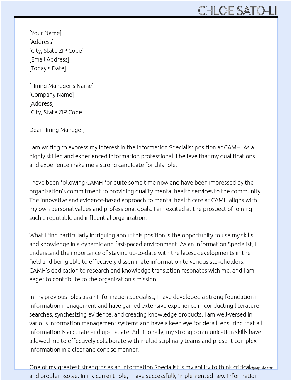 Information Specialist At CAMH Cover Letter