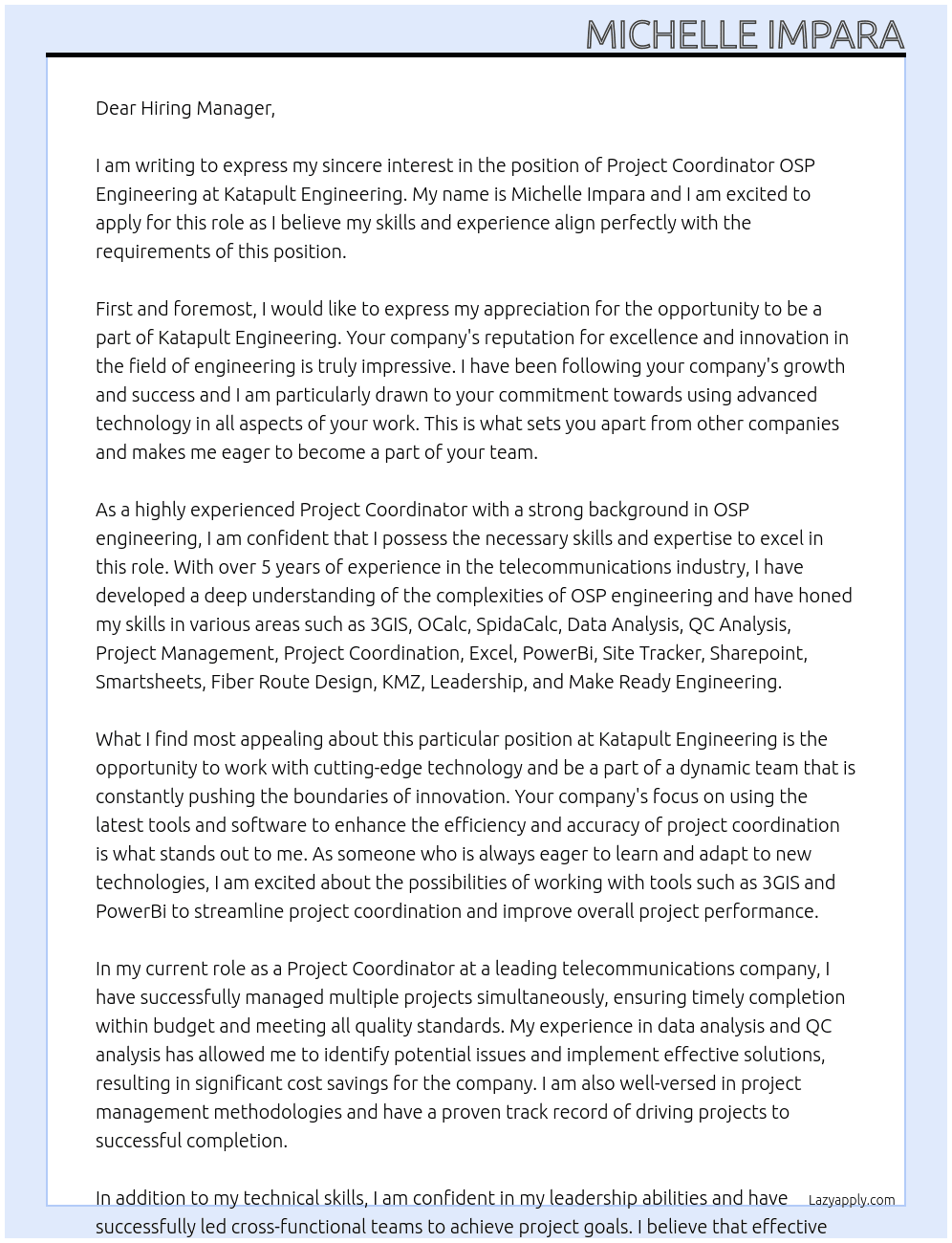 Project Coordinator OSP Engineering At Katapult Engineering Cover Letter