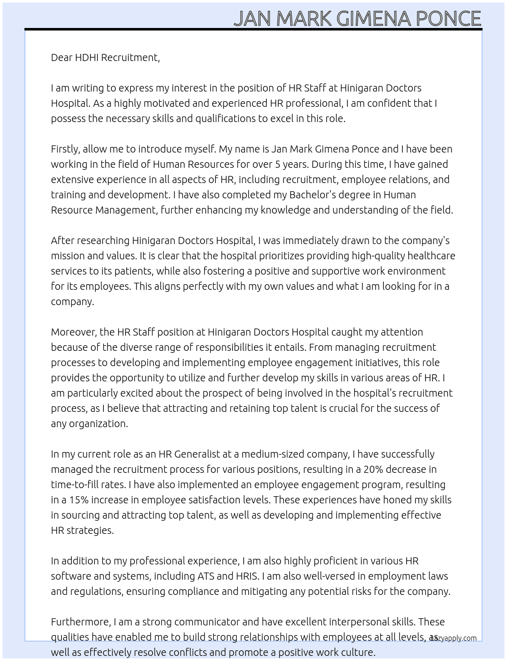 HR STAFF At HINIGARAN DOCTORS HOSPITAL Cover Letter