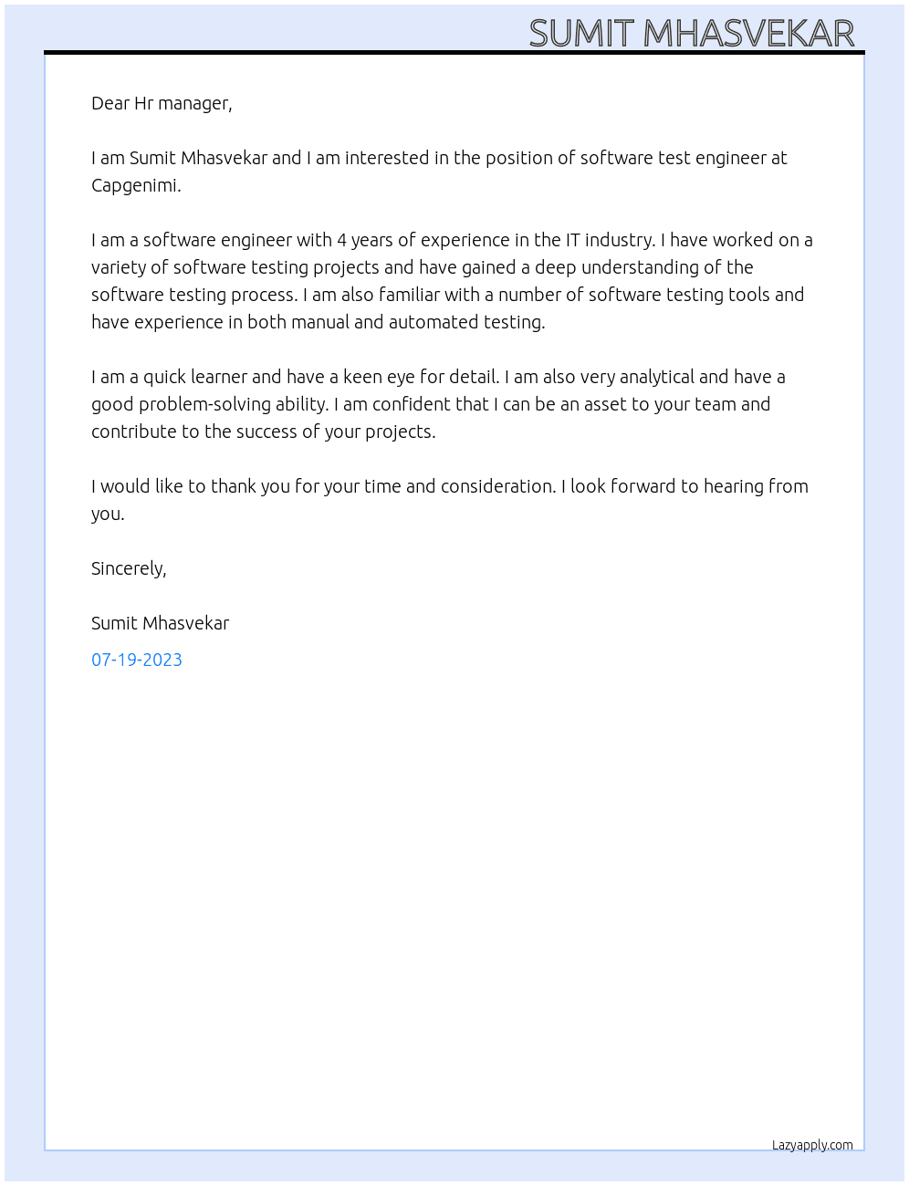 Software test engineer  At Capgenimi Cover Letter