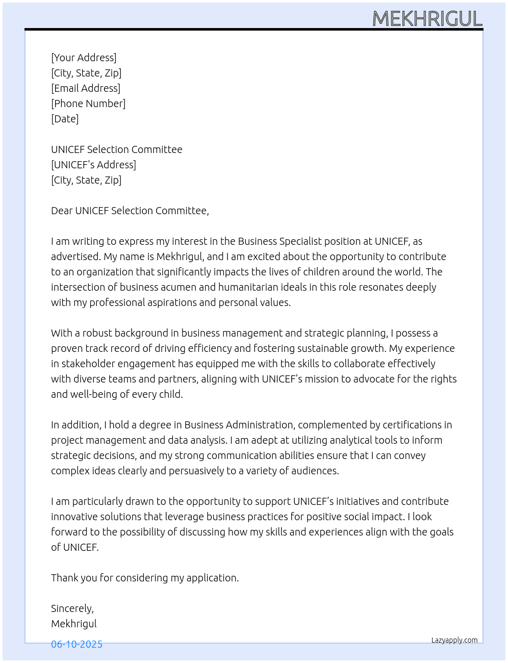 Cover letter for business specialist - LazyApply