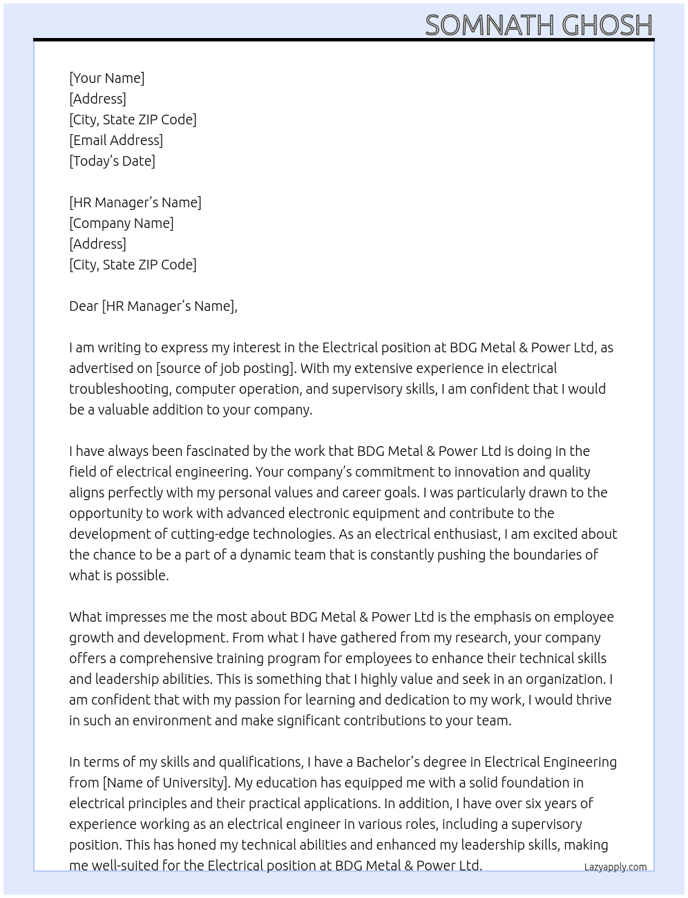 Electrical  At BDG Metal & Power Ltd Cover Letter
