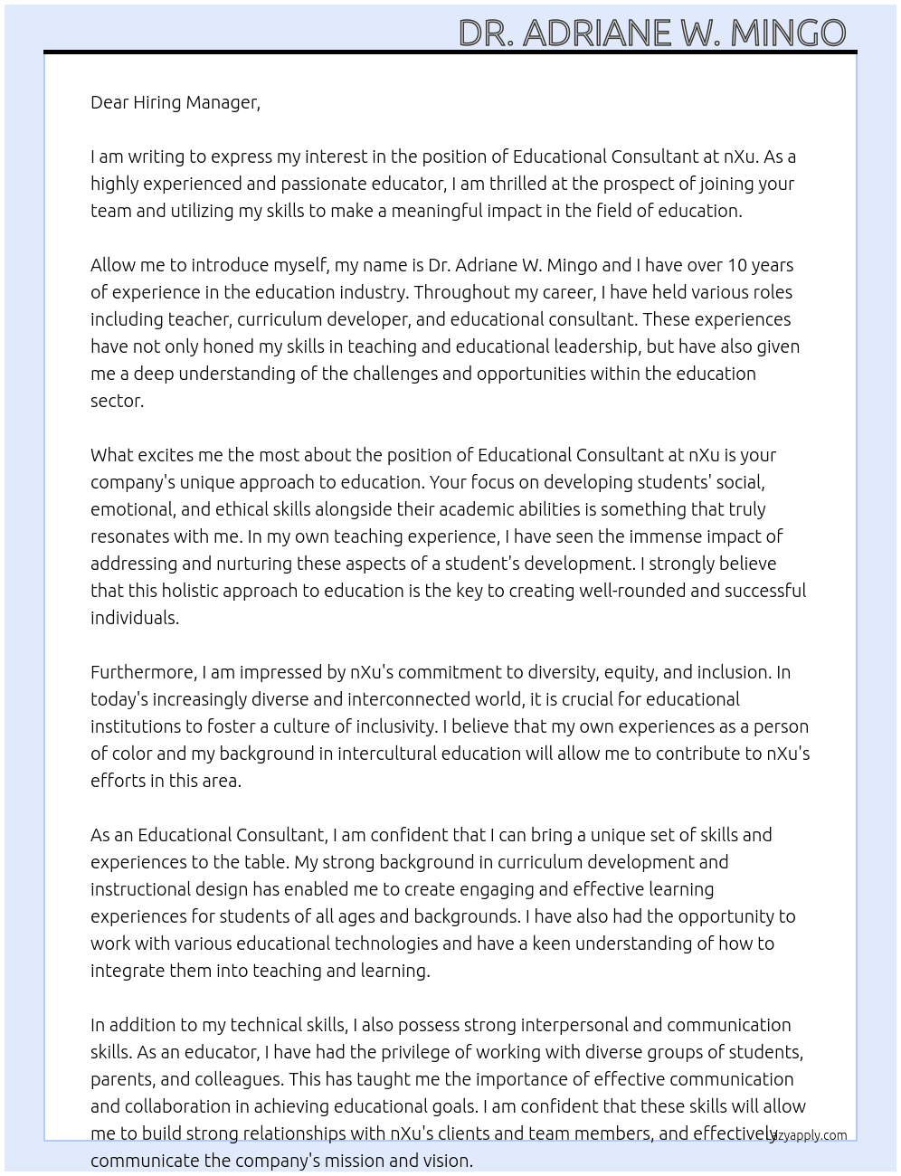 Educational Consultant  At nXu Cover Letter