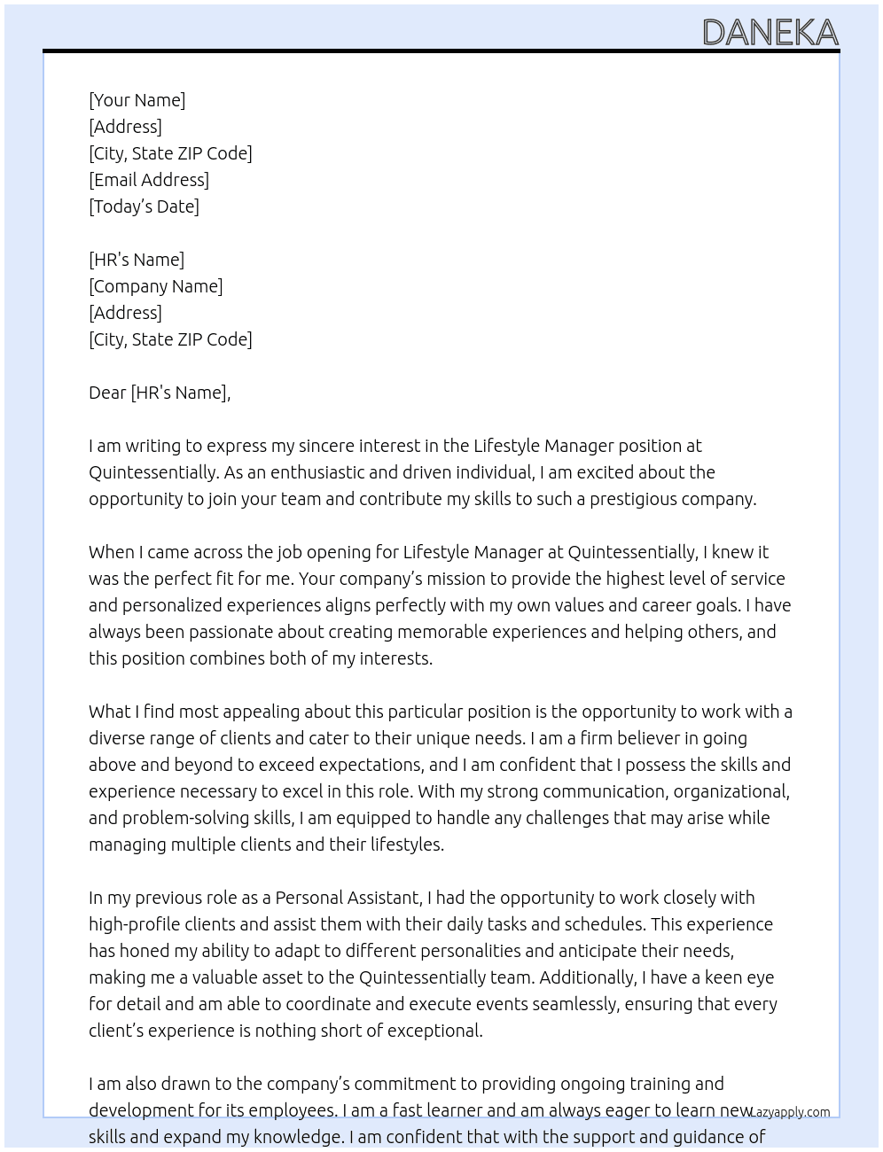 Lifestyle Manager  At Quintessentially Cover Letter