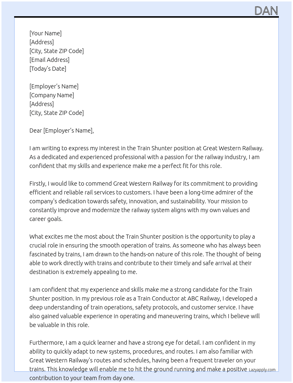 train shunter At Great western Railway Cover Letter
