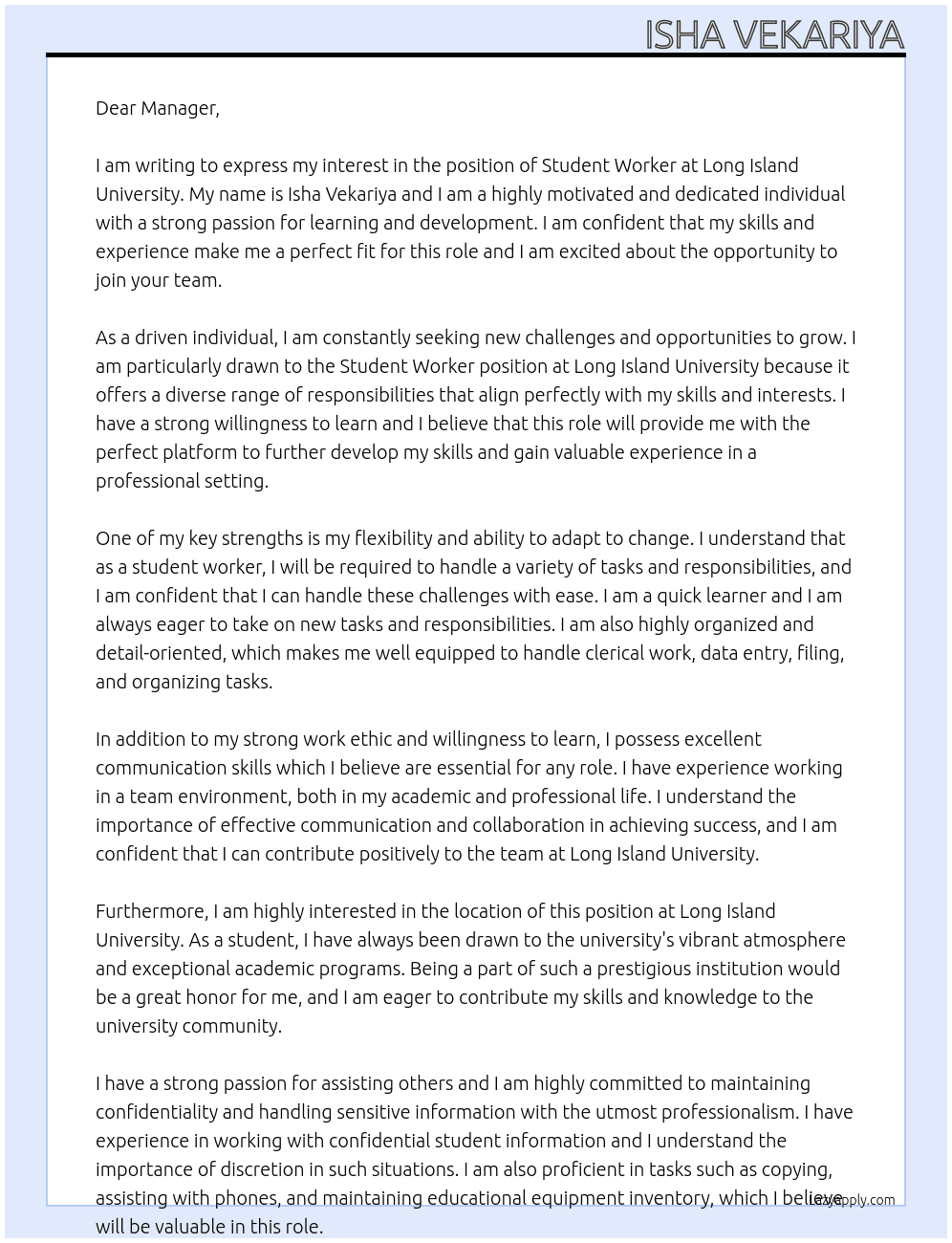 Cover letter for student worker - LazyApply