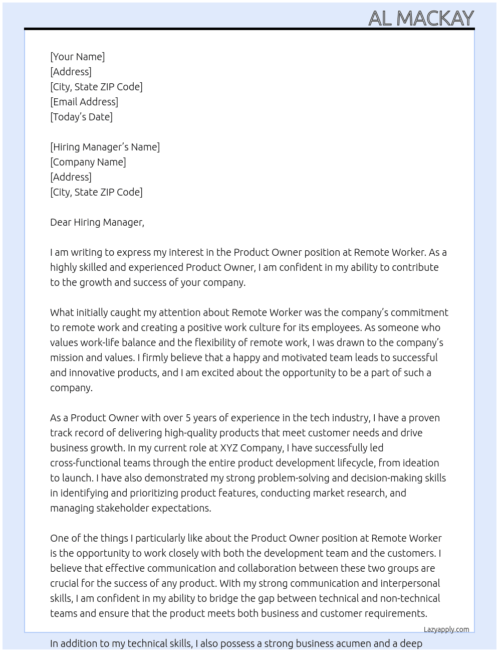 Product Owner At Remote Worker Cover Letter