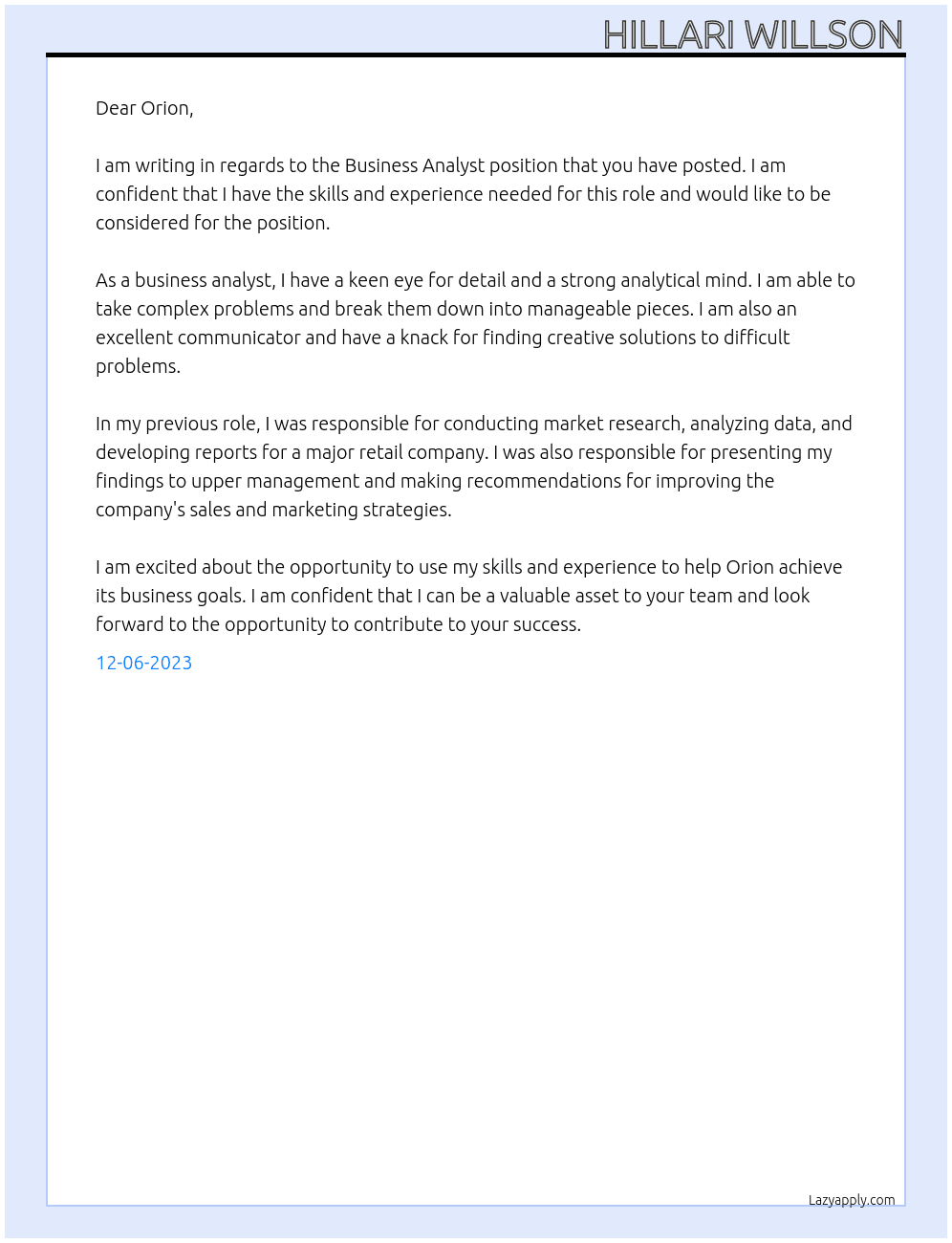 Business Analyst At Orion Cover Letter