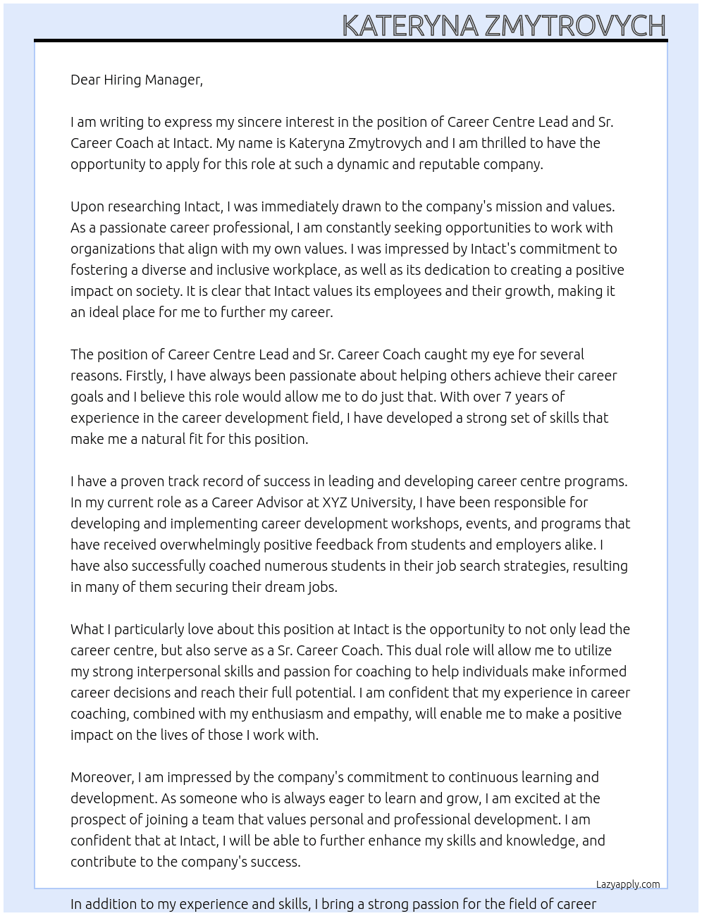 Career Centre Lead and Sr. Career Coach At Intact Cover Letter