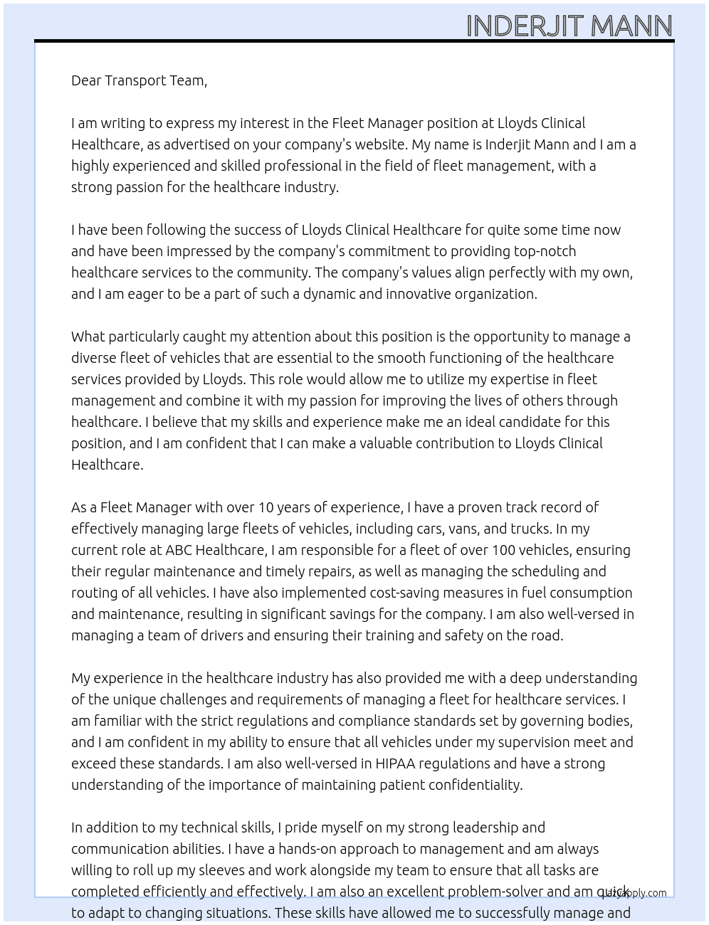 Fleet Manager At Lloyds Clinical Healthcare  Cover Letter