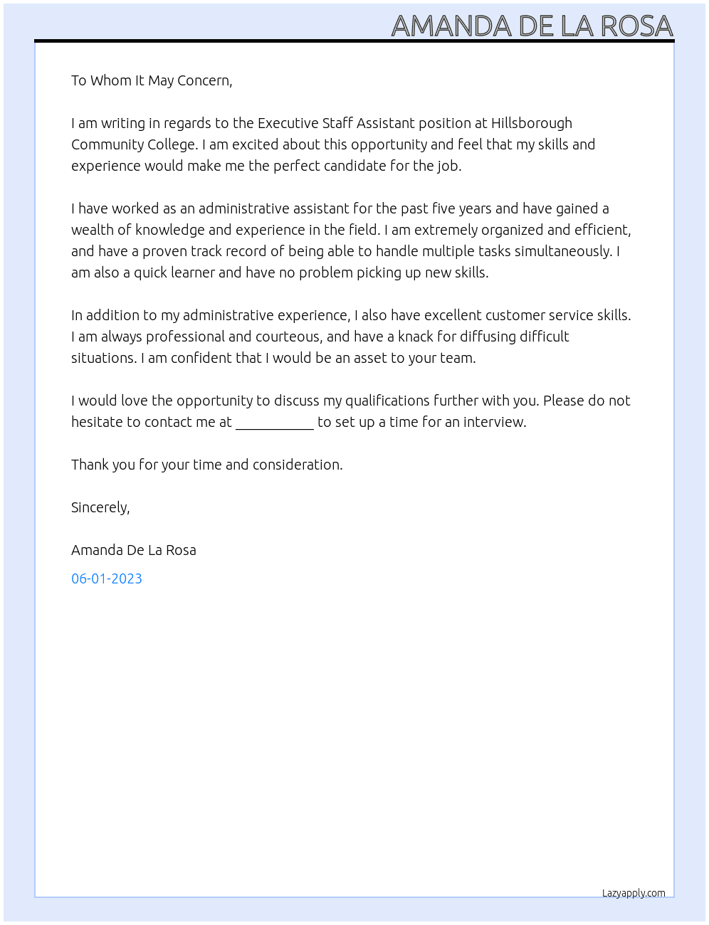 Executive Staff Assistant At Hillsborough Community College Cover Letter