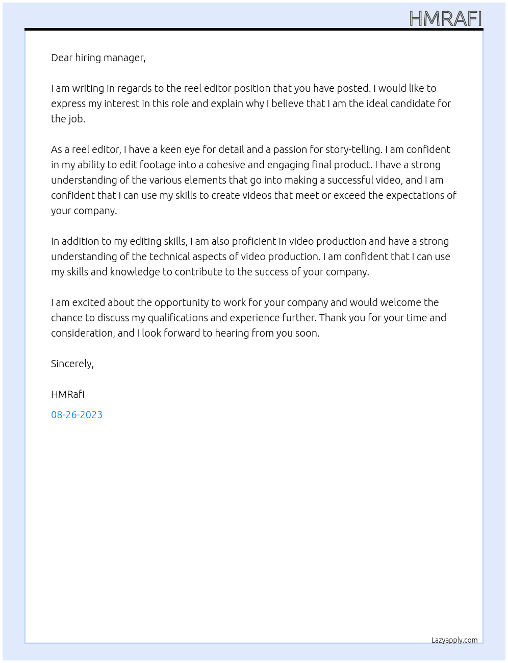 Reel editor At HM&R Cover Letter