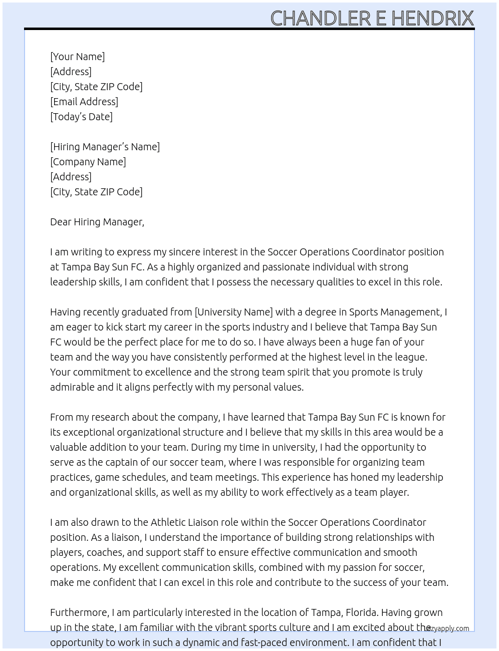Cover letter for soccer operations coordinator - LazyApply