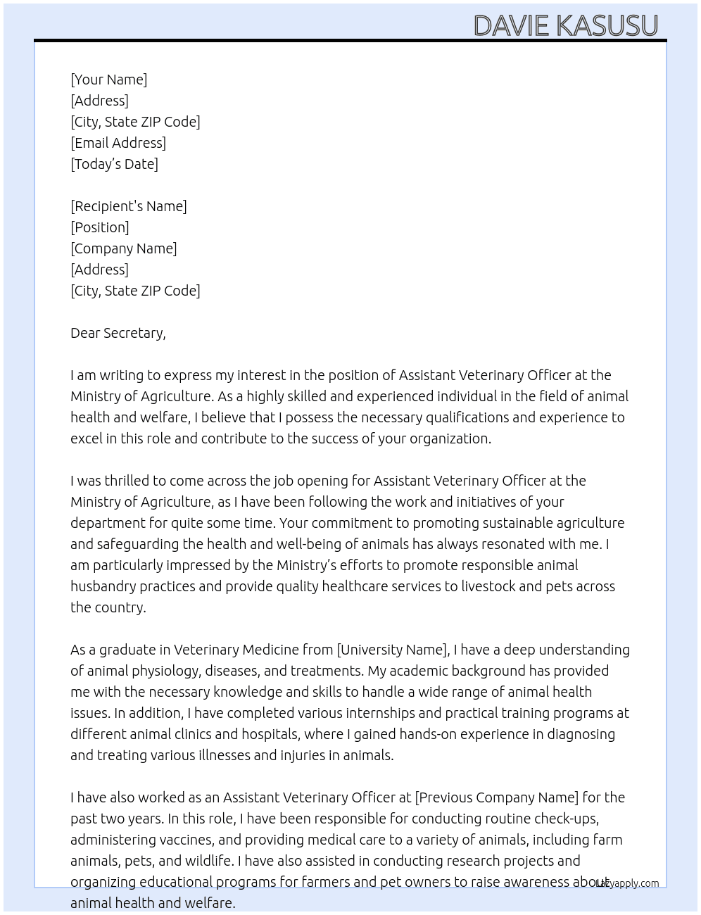 Assistant Veterinary Officer  At Ministry of Agriculture  Cover Letter