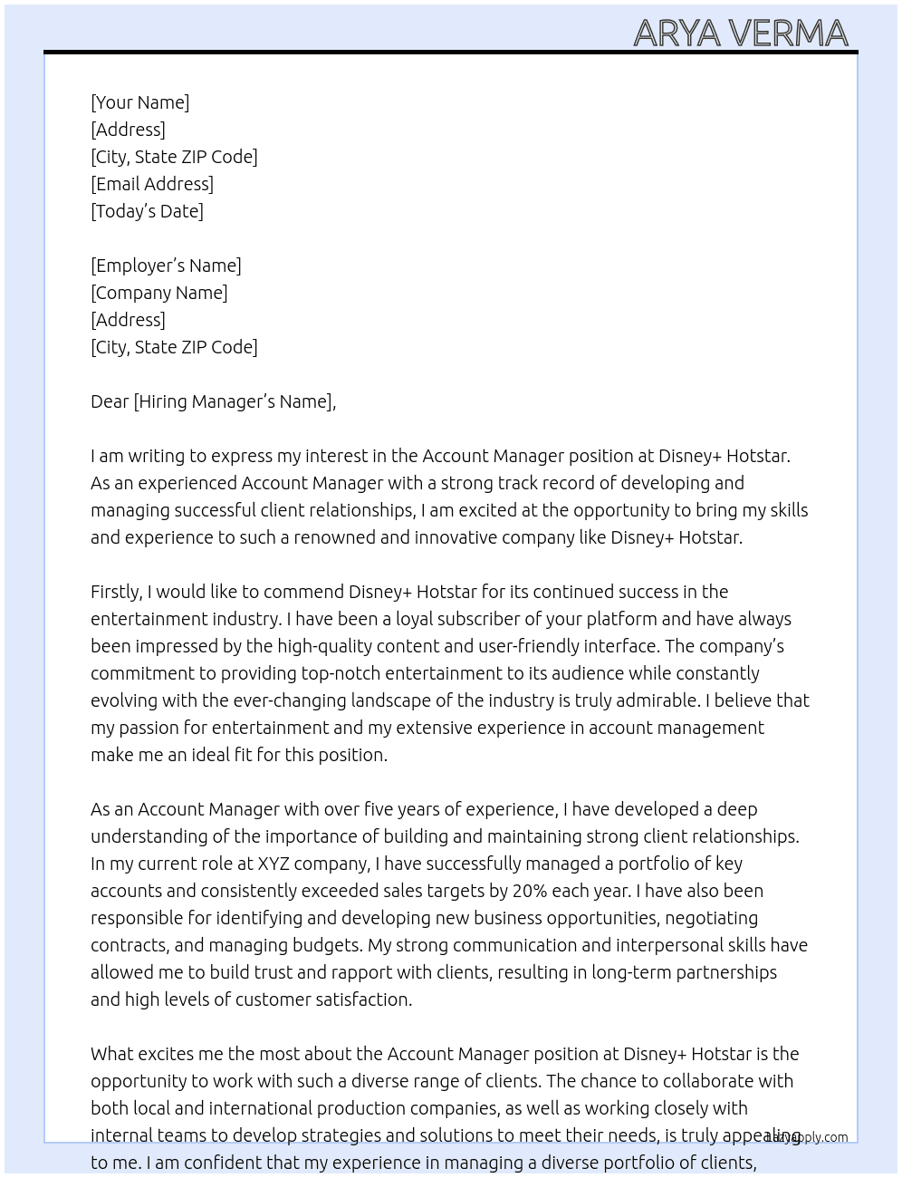 Account Manager  At Disney+ Hotstar  Cover Letter