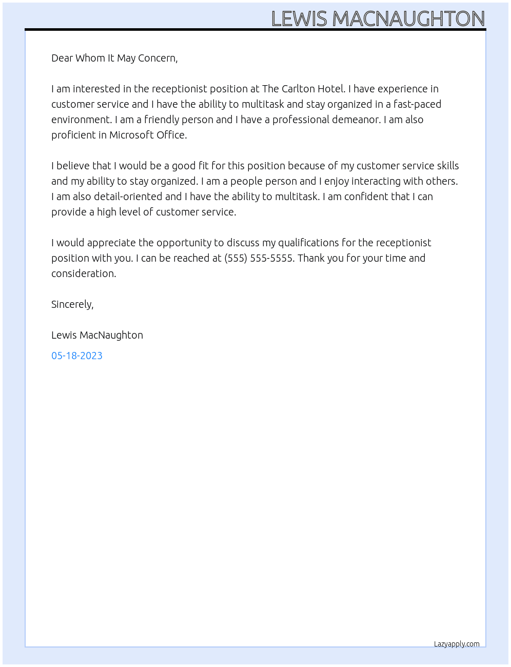 Receptionist At The Carlton Hotel Cover Letter