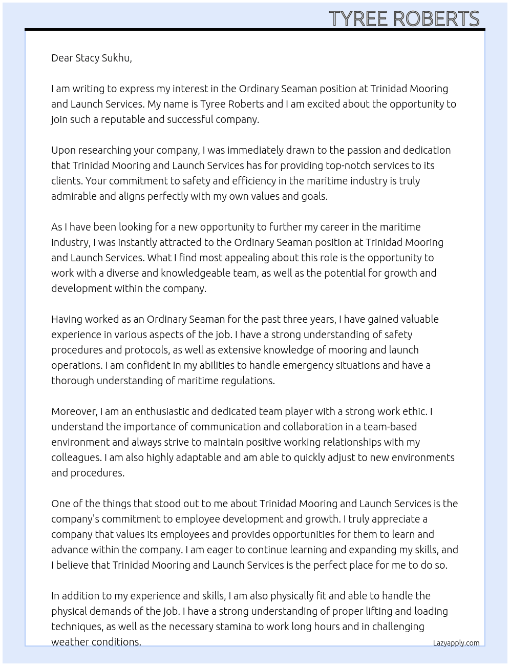 Ordinary Seaman At Trinidad Mooring and Launch Services Cover Letter