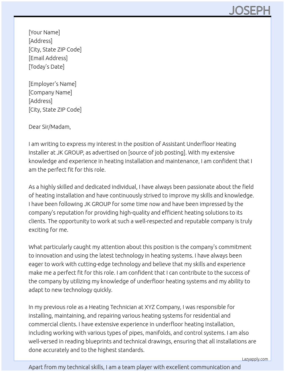 Cover letter for assistant underfloor heating installer - LazyApply