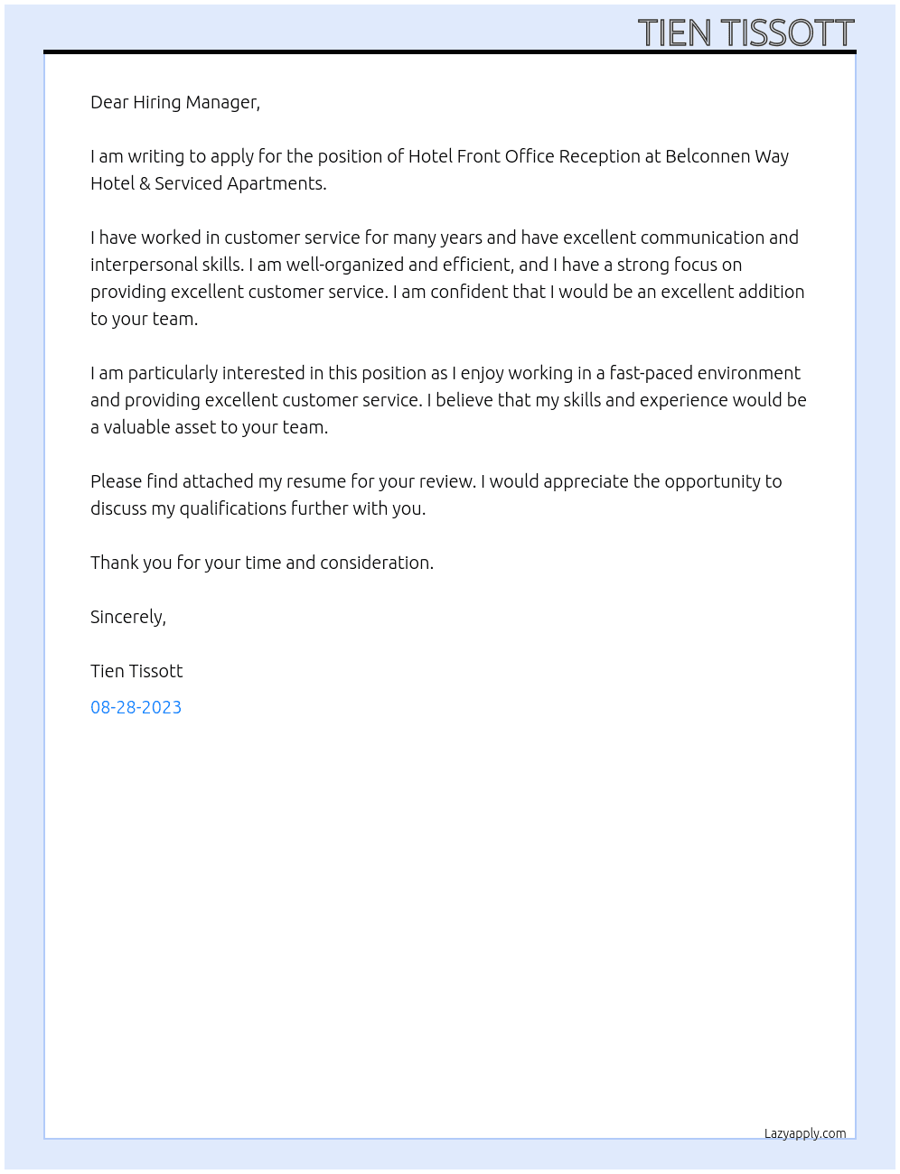 Hotel Front Office Reception  At Belconnen Way Hotel & Serviced Apartments Cover Letter