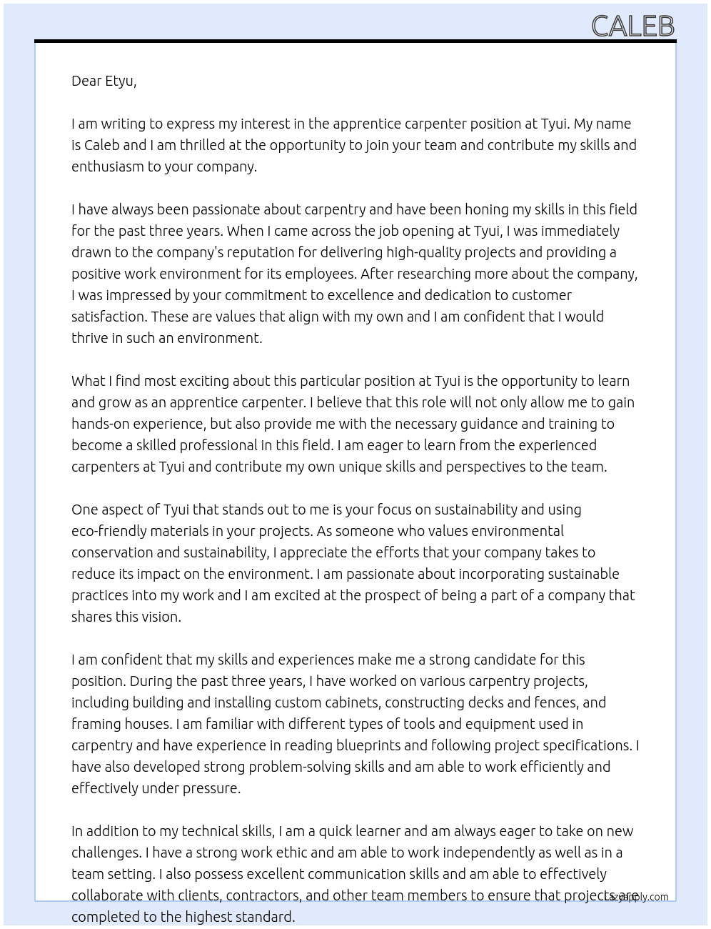 apprentice carpenter At tyui Cover Letter