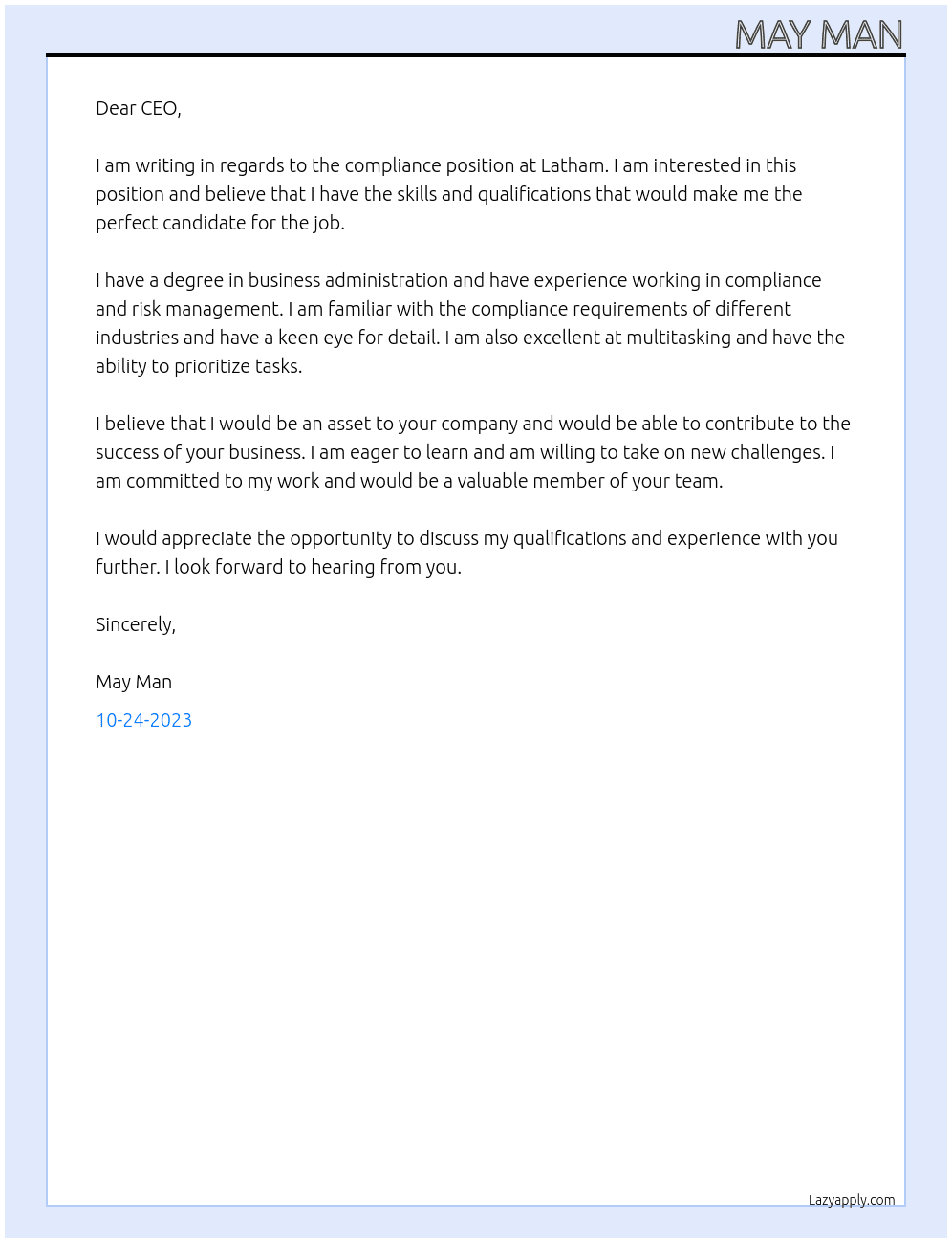 compliance At latham Cover Letter