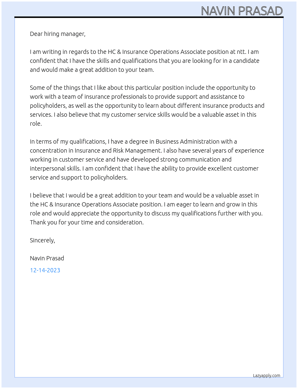 HC & Insurance Operations Associate At ntt Cover Letter