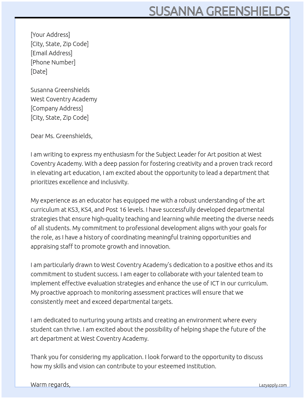Subject leader for Art At West Coventry Academy Cover Letter