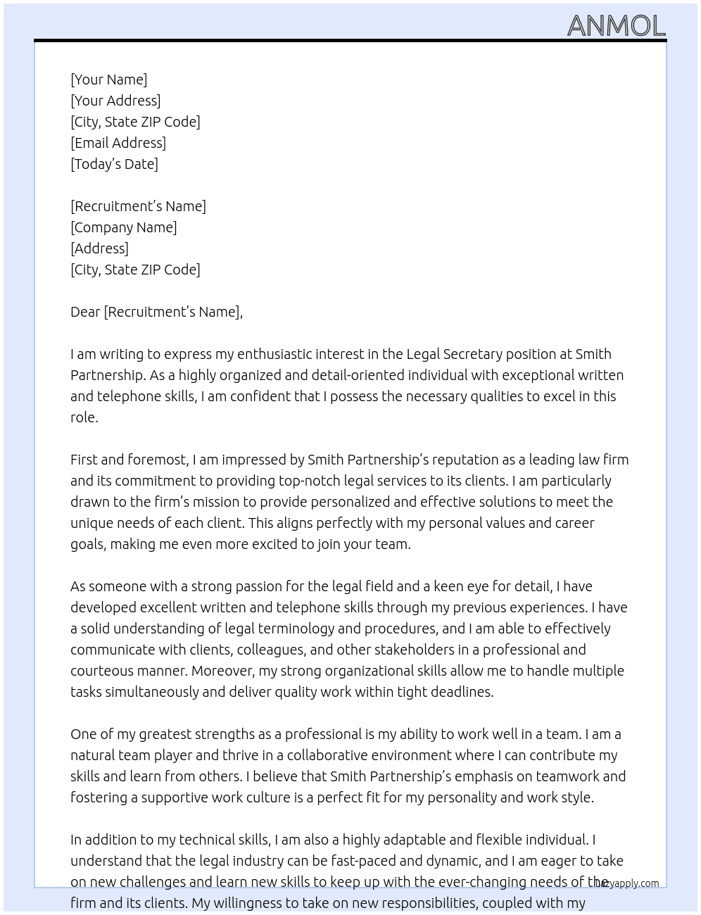 Legal secretary  At Smith Partnership Cover Letter