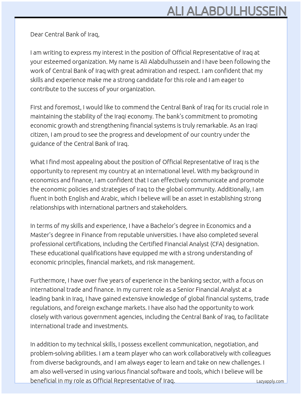 Official Representative of iraq At Central Bank of Iraq Cover Letter
